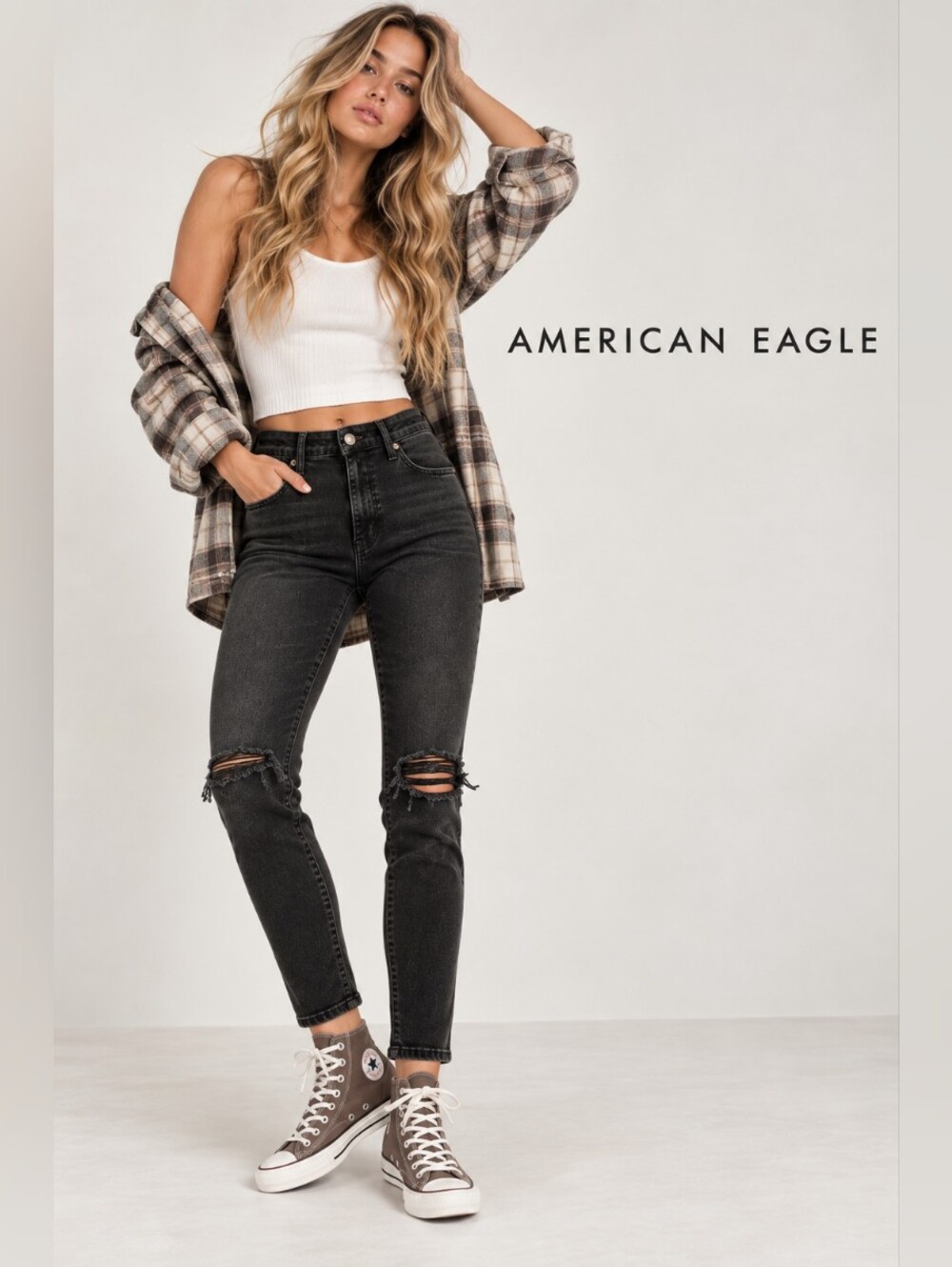 American Eagle Next Level Stretch Black Ripped Skinny Jeans Size 14 Regular